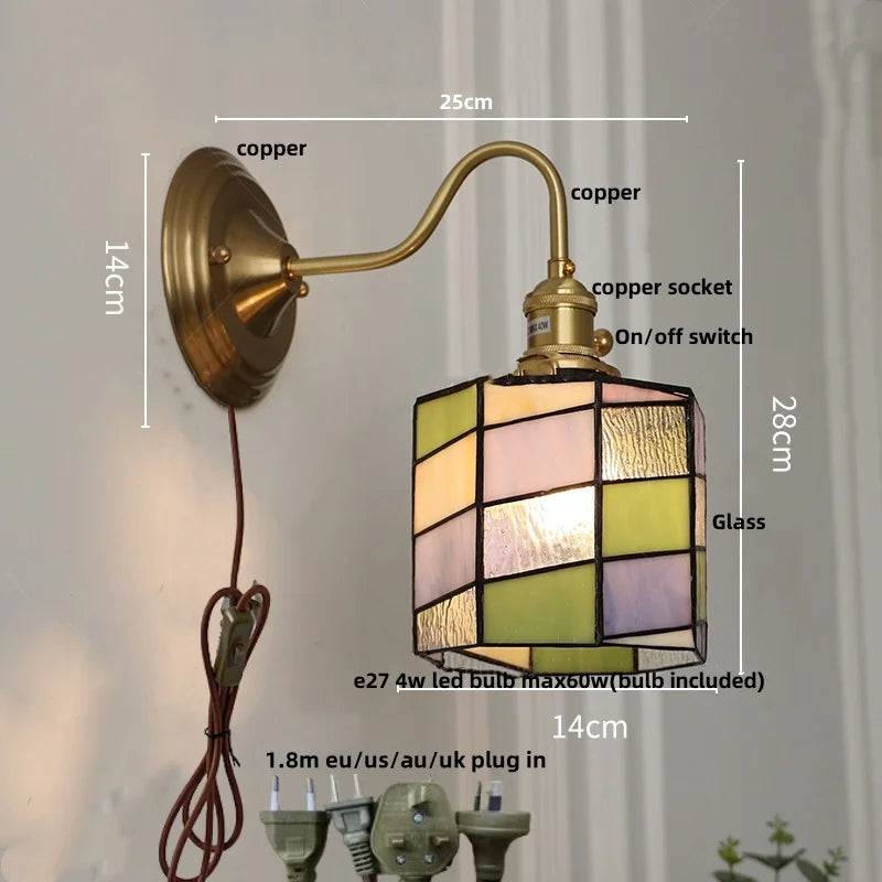 Afralia™ Cube LED Wall Lamp Sconce Living Dining Room Copper Glass Vintage E27 Mirror Light