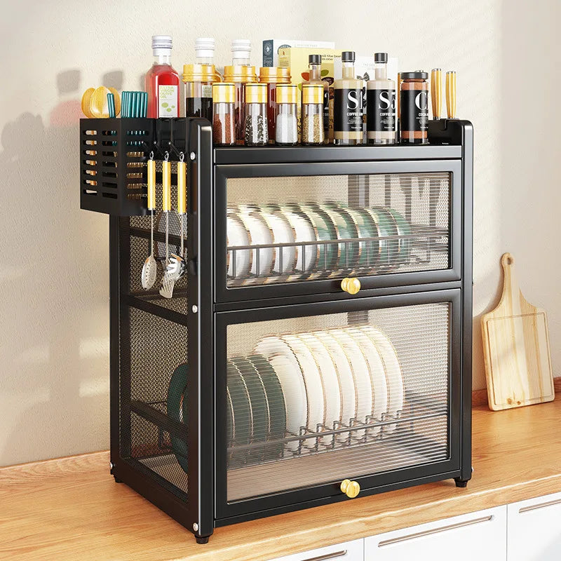 Afralia™ Double-layer Kitchen Dish Drying Rack with Chopstick Cage and Tableware Basket