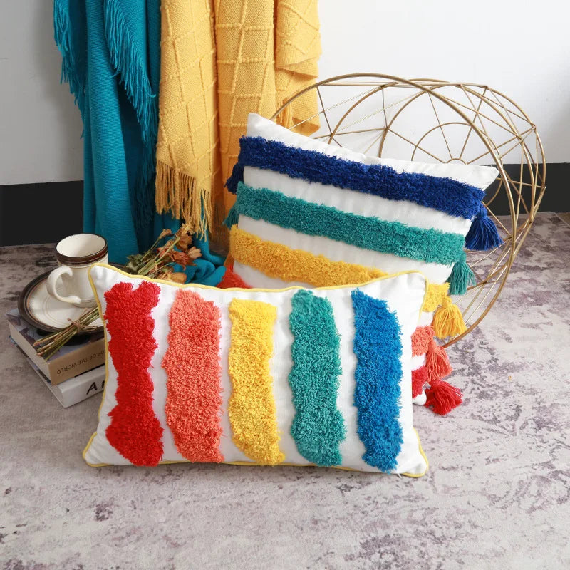 Tufted Rainbow Cushion Cover for Living Bed Girls Kids Room by Afralia™