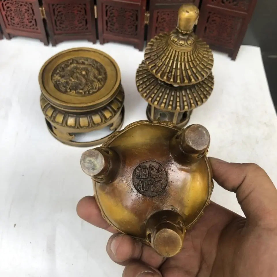 Afralia™ Brass Three-Tiered Tower Incense Burner with Tripod Furnace for Home Buddhist Hall