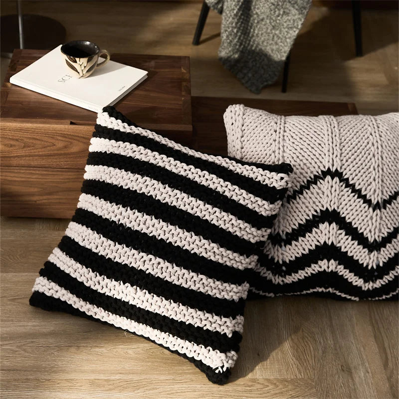 Afralia™ Geo Knit Stripe Woven Square Pillow 45x45cm Black Ivory Insets