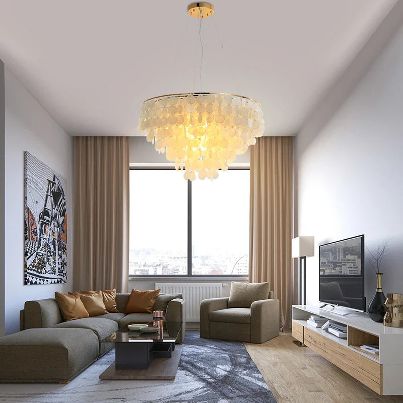 Afralia™ Nordic Shell LED Chandelier Gold Chrome Round Hanging Lamp