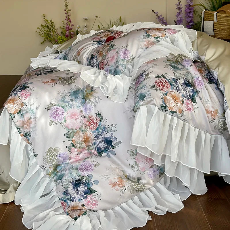 Afralia™ French Flowers Lace Ruffles Princess Bedding Set with 1000TC Egyptian Cotton