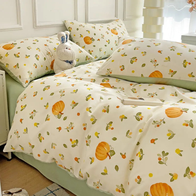 Afralia™ Cartoon Heart Plant Floral Print 3Pcs Set (Duvet Cover + Pillowcases)