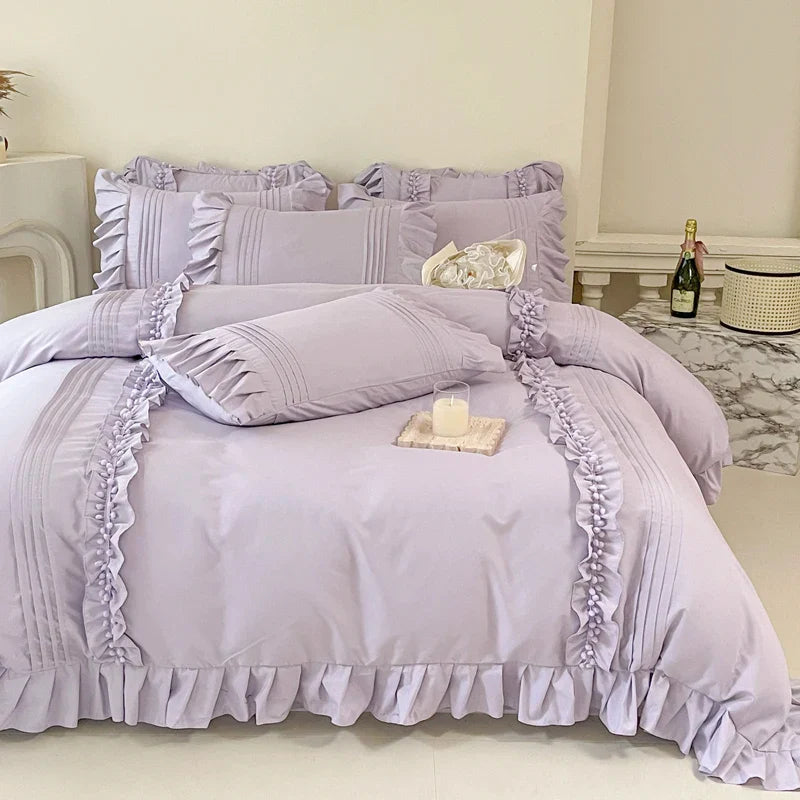 Afralia™ Princess Ruffles Bedding Set: Duvet Cover, Bed Sheet, Pillowcases - Cream White Color