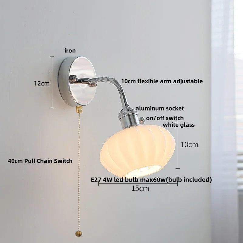 Afralia™ Adjustable Arm LED Wall Light Fixture with Pull Chain Switch, White Glass