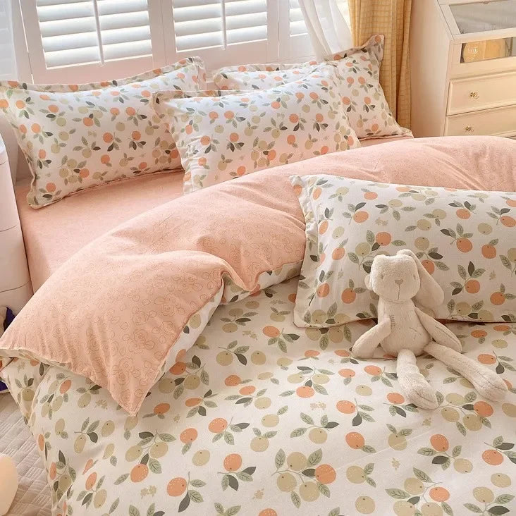 Afralia™ Twill Fabric Bed Sheet Set: Double-Sided Color Blocking, Flower Print Quilt Cover