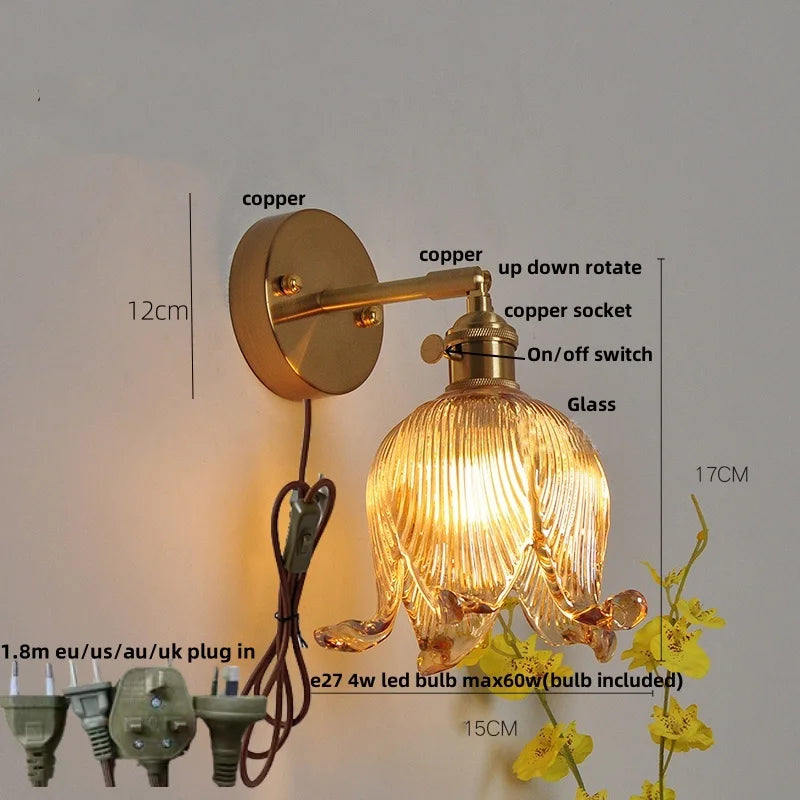 Afralia™ Vintage Clear Glass Wall Lamp Sconce with Pull Chain Switch and LED Rotation