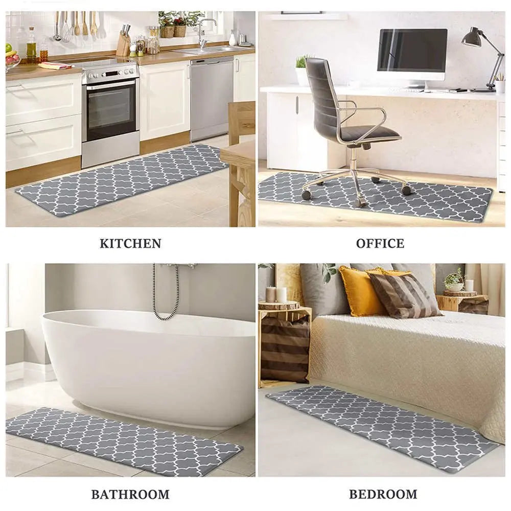 Afralia™ Grey Plaid Kitchen Rug Blue Lattice Long Absorption Doormat in Striped Design