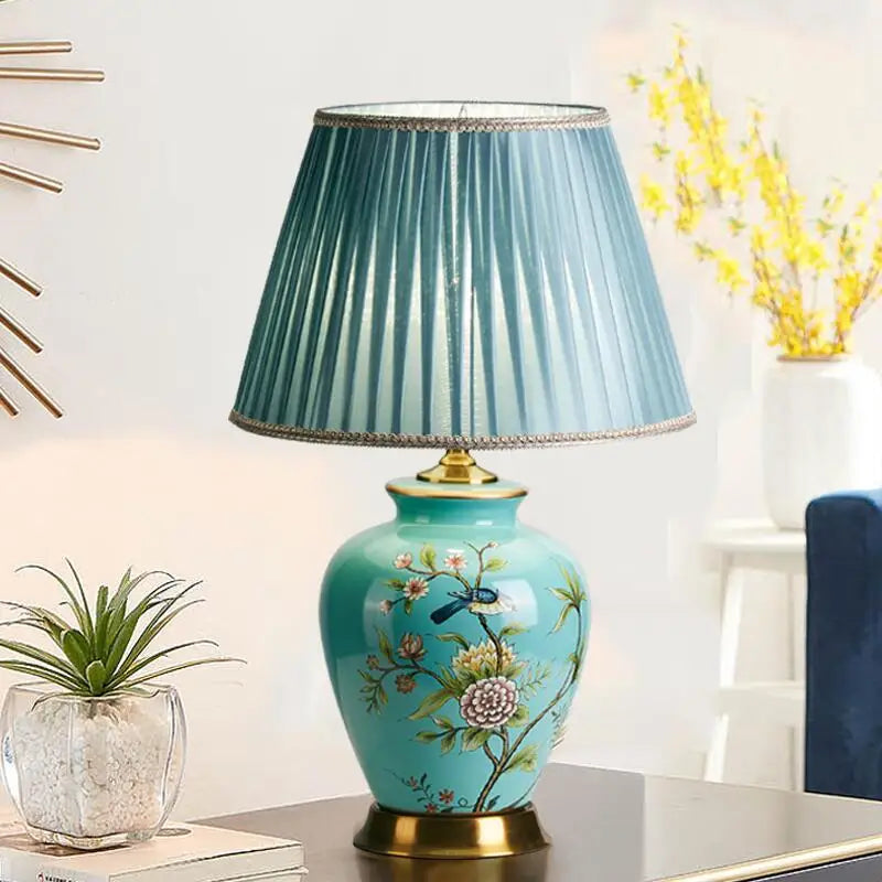 Afralia™ Retro Flower Bird Ceramic Table Lamp Living Room Decoration Lighting Remote Control