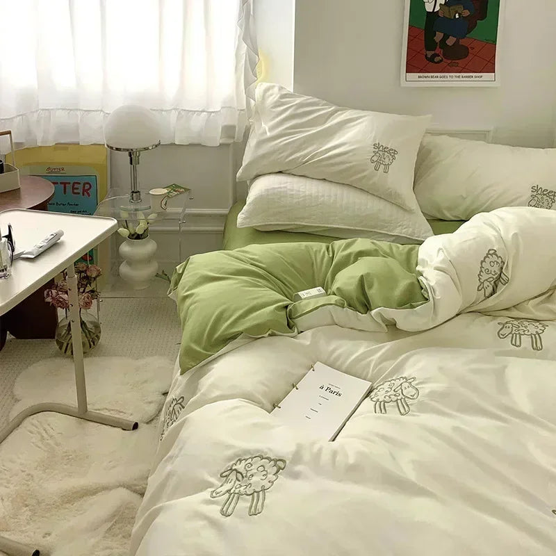 Afralia™ Cute Bear & Sheep Embroidery Bedding Set for Single/Double Bed