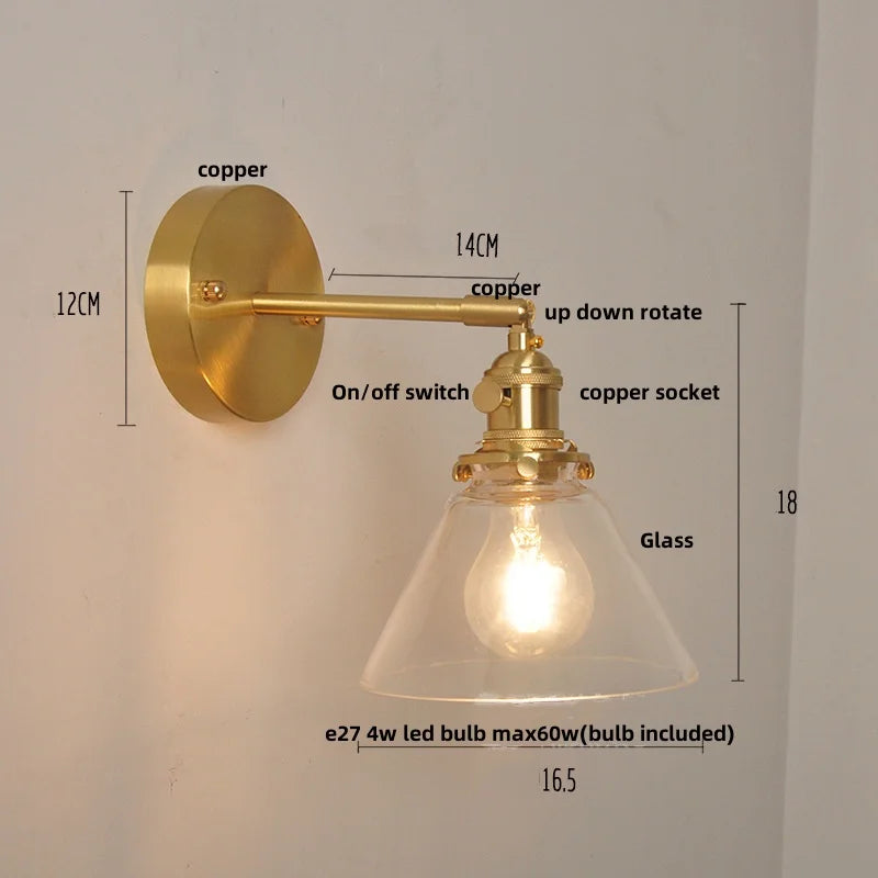 Afralia™ Nordic LED Wall Light Fixture Glass Up Down Rotate Copper Bedside Lamp