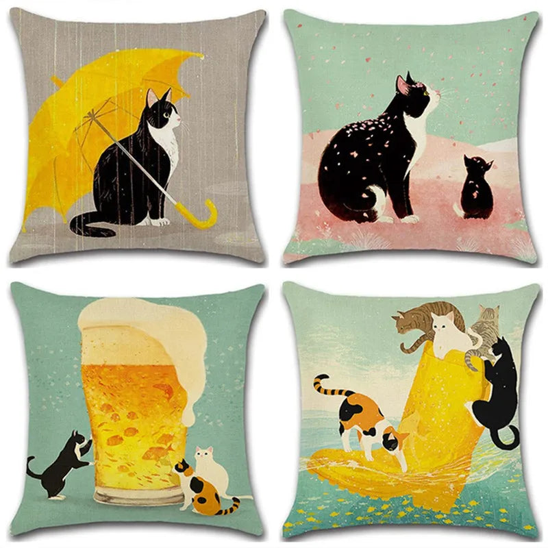 Afralia™ Yellow Umbrella Cat Linen Cushion Cover 45x45cm Cute Cat Pillow Covers