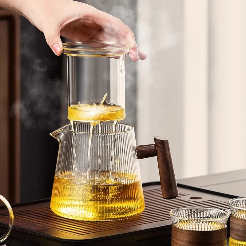 Afralia™ Glass Teapot 900ML with Wooden Handle for Puer Kung Fu Tea