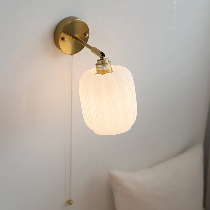 Afralia™ White Glass LED Wall Light with Pull Chain Switch, Japanese Style, Copper Base