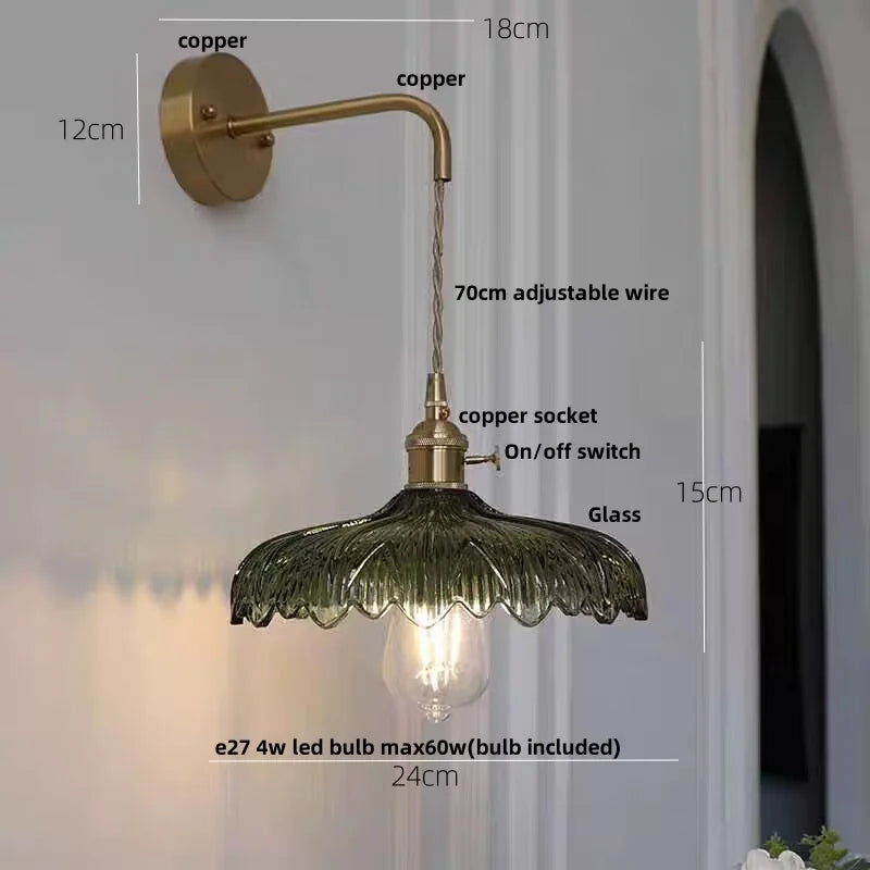 Afralia™ Amber Vintage LED Wall Light Glass Copper Pull Chain Switch Hallway Lamp