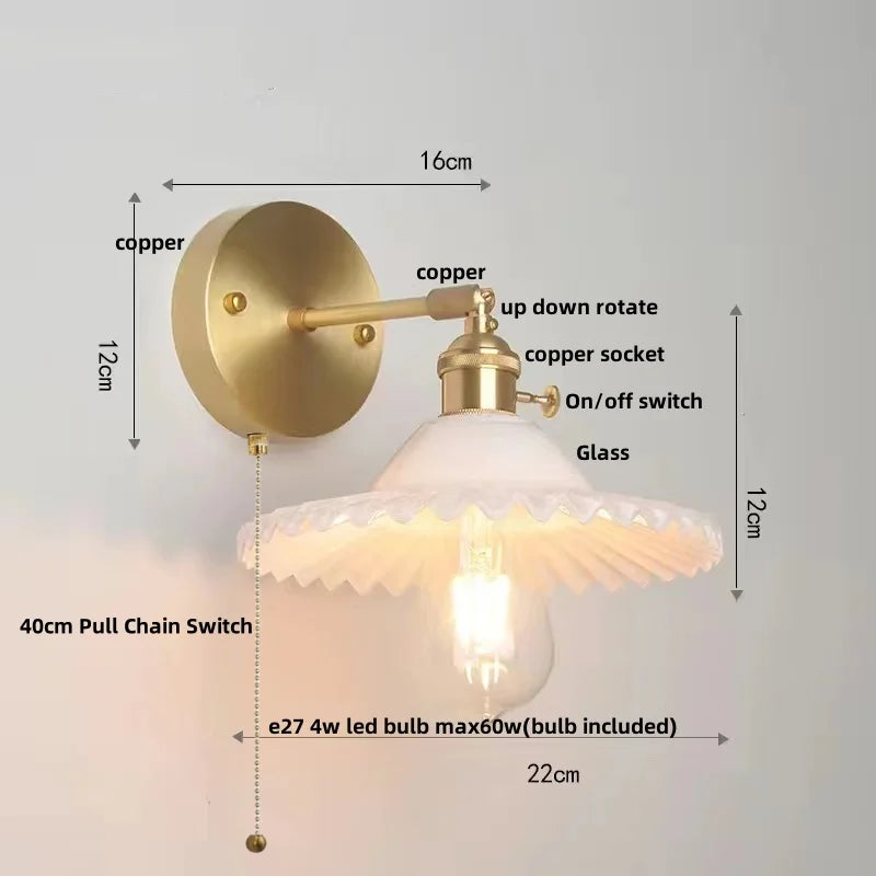 Afralia™ Vintage Green Glass LED Wall Light with Pull Chain Switch