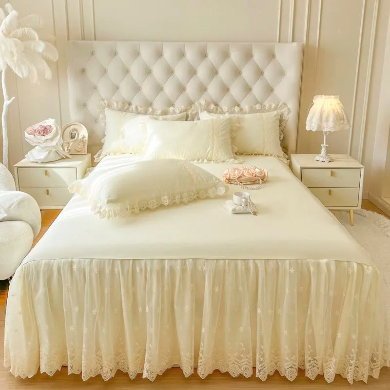 Afralia™ Cotton Lace Princess Bed Sheet Set with Solid Color Bedspread