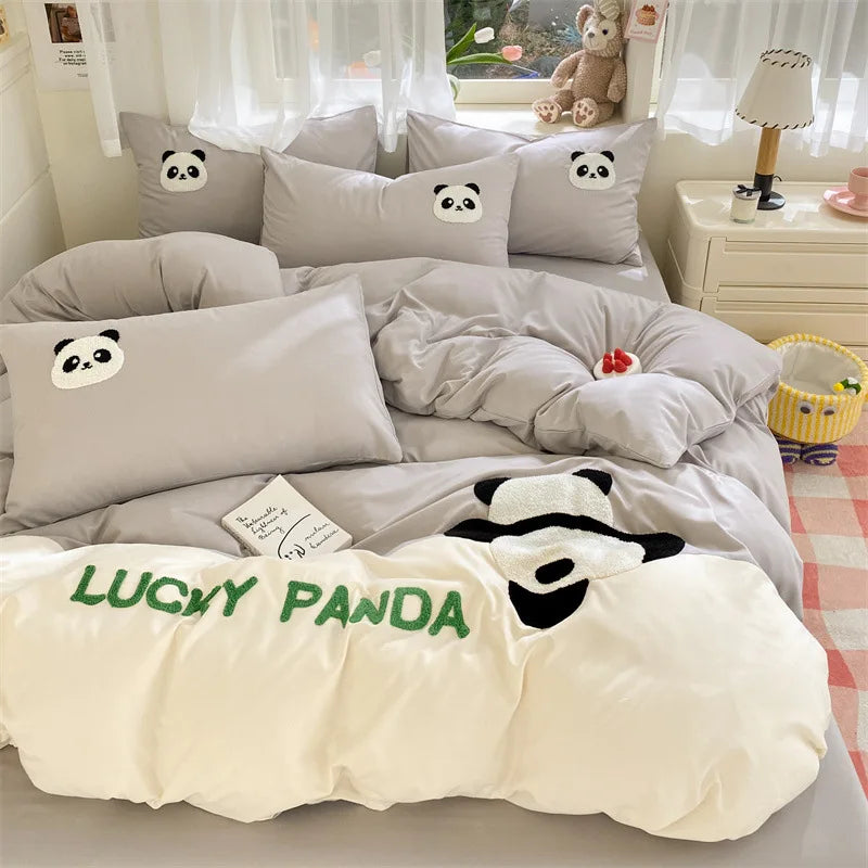 Afralia™ Panda Cotton Embroidery Bedding Set for Queen King Size