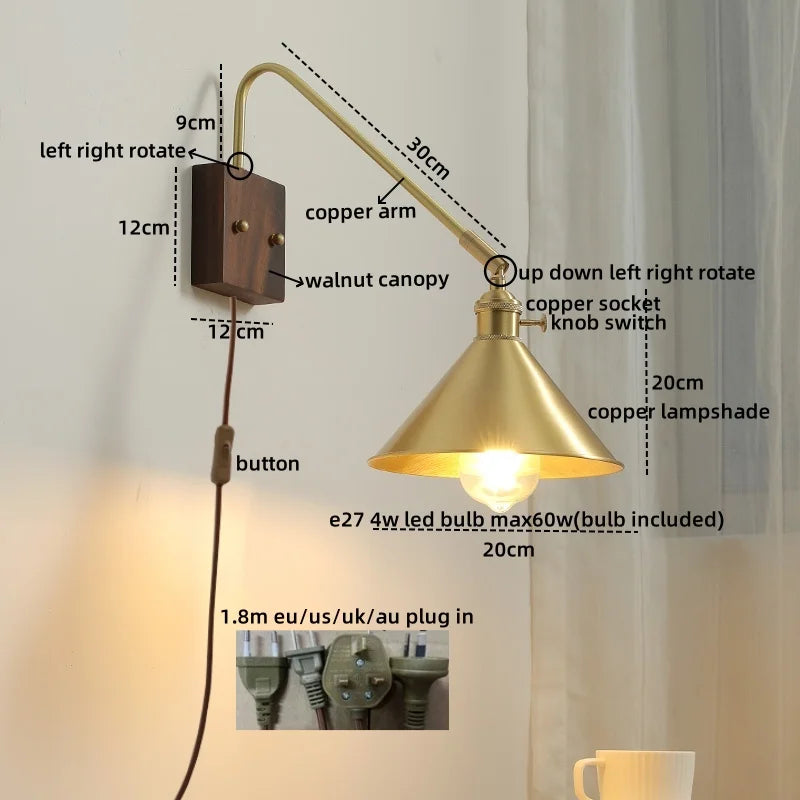 Afralia™ Walnut Copper LED Wall Lights Modern Bedside Lamp Applique Da Parete