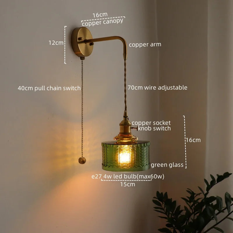 Afralia™ Vintage Green Glass Copper LED Wall Lights Pull Chain Switch Hallway Bedroom Balcony Wall Lamp
