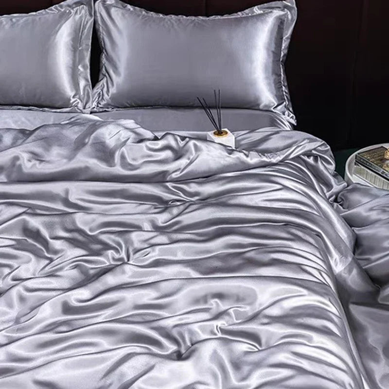 Afralia™ Summer Grey Rayon Silk Bedding Set - Smooth Satin Comforter Kit