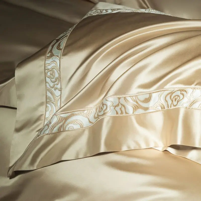Afralia™ Satin Brocade Luxe Embroidery Bedding Set Champagne Cotton Duvet Cover Bed Sheet Pillowcases