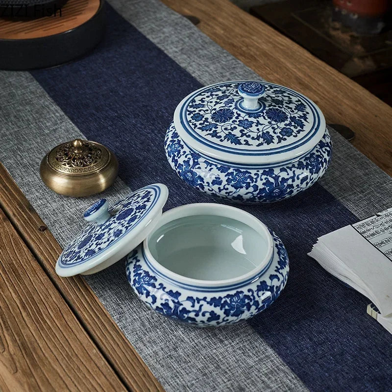 Afralia™ Blue Flower Ceramic Tea Caddy Jar - Living Room Decor or Home Ornament