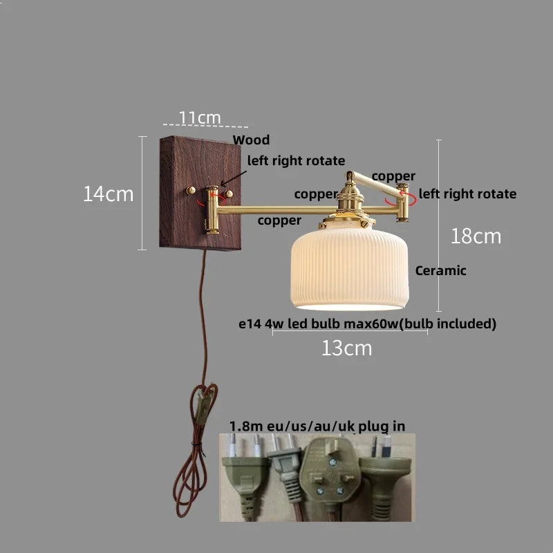 Afralia™ Wood Swing Arm LED Wall Lamp with Rotatable Shade & Pull Chain Switch