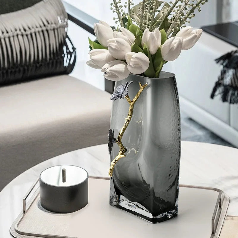 Afralia™ Smoke Gray Glass Flower Vase Living Room Sample Soft Decoration Ornament