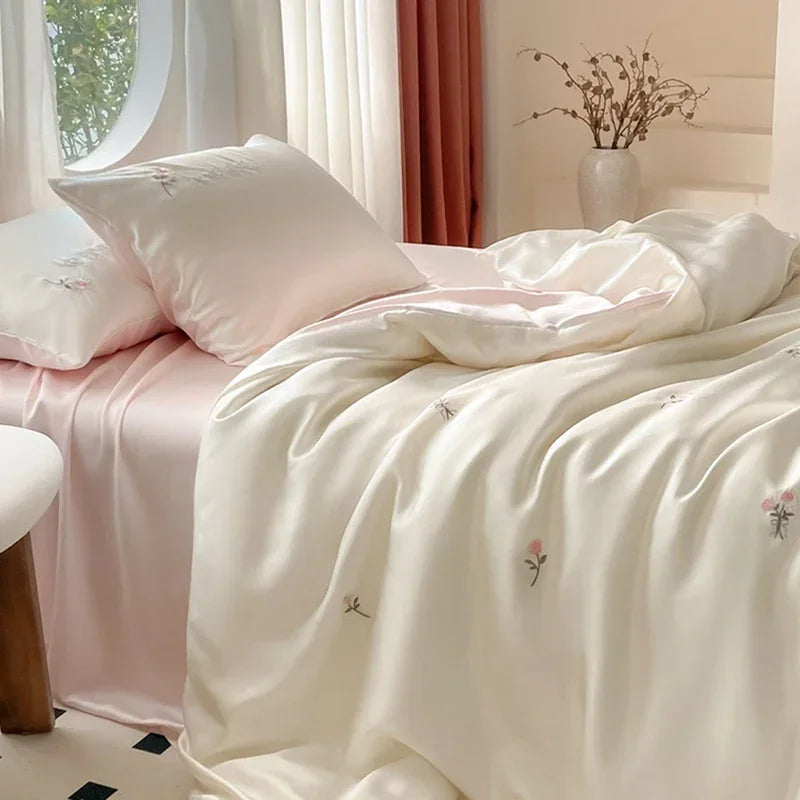 Afralia™ Summer Rayon Silk Bedding Set Queen/King Super Soft Duvet Cover Fitted Sheet Smooth Silk Bedclothes