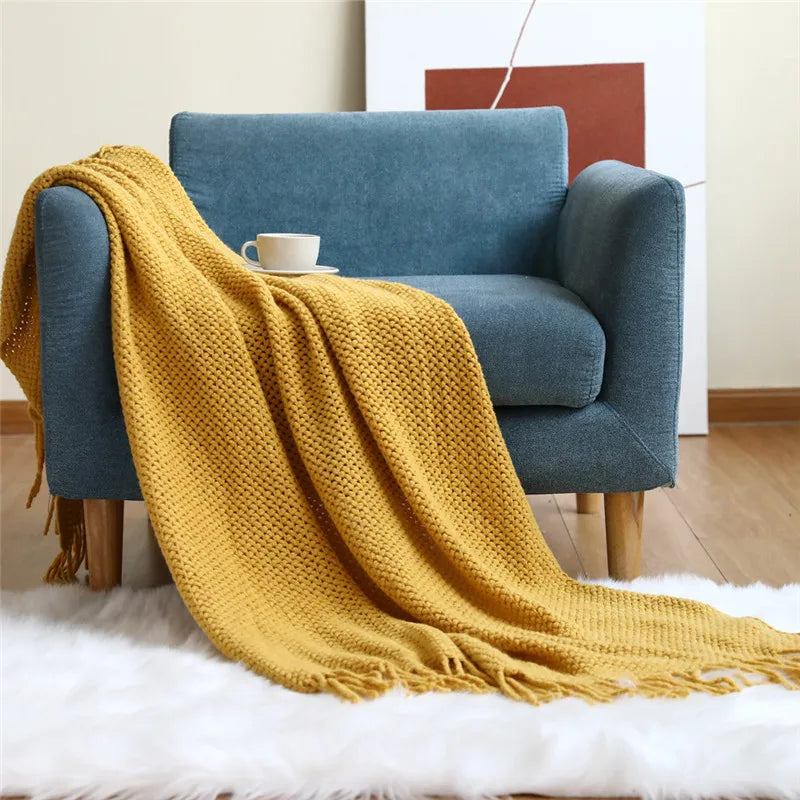 Afralia™ Cozy Nordic Knit Sofa Blanket with Tassels & Fleece Throw