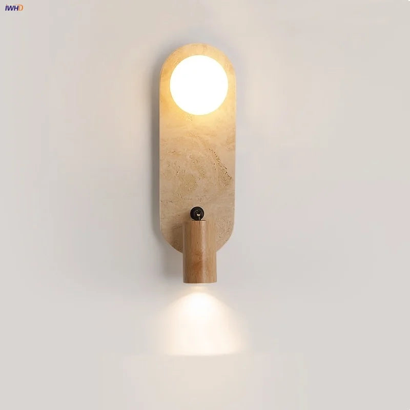 Afralia™ Wood Rotate LED Wall Lights with Glass Ball Yellow Travertine Effect