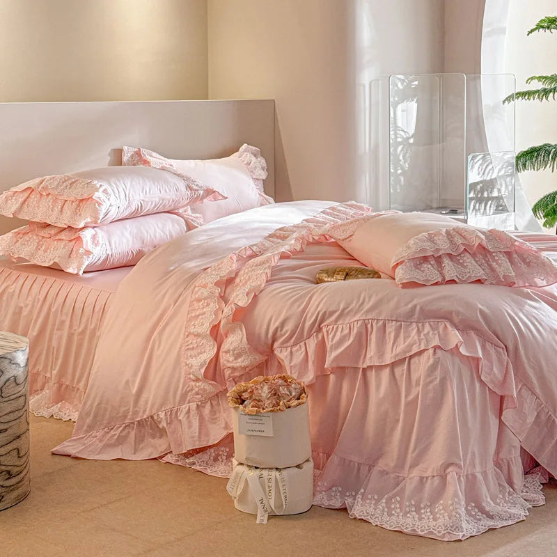 Afralia™ Pink Lace Ruffles Princess Style Cotton Bedding Set with Bed Skirt and Pillowcases