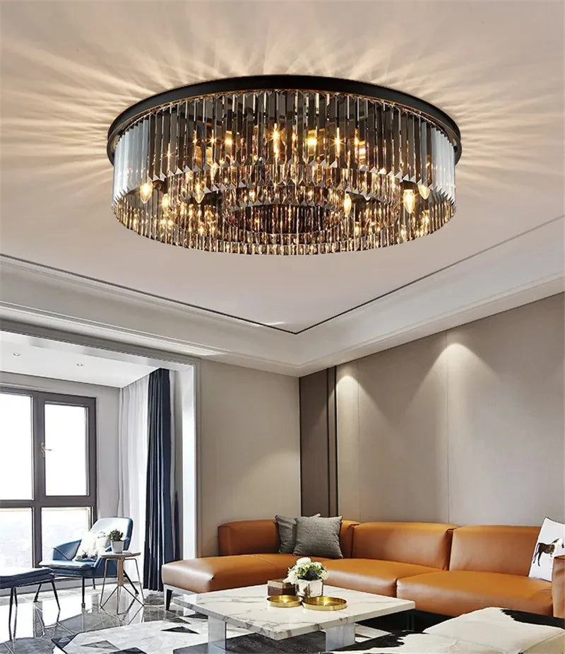 Afralia™ Modern Crystal Black Ceiling Light E14 LED Round Lamp for Home Dining Bedroom