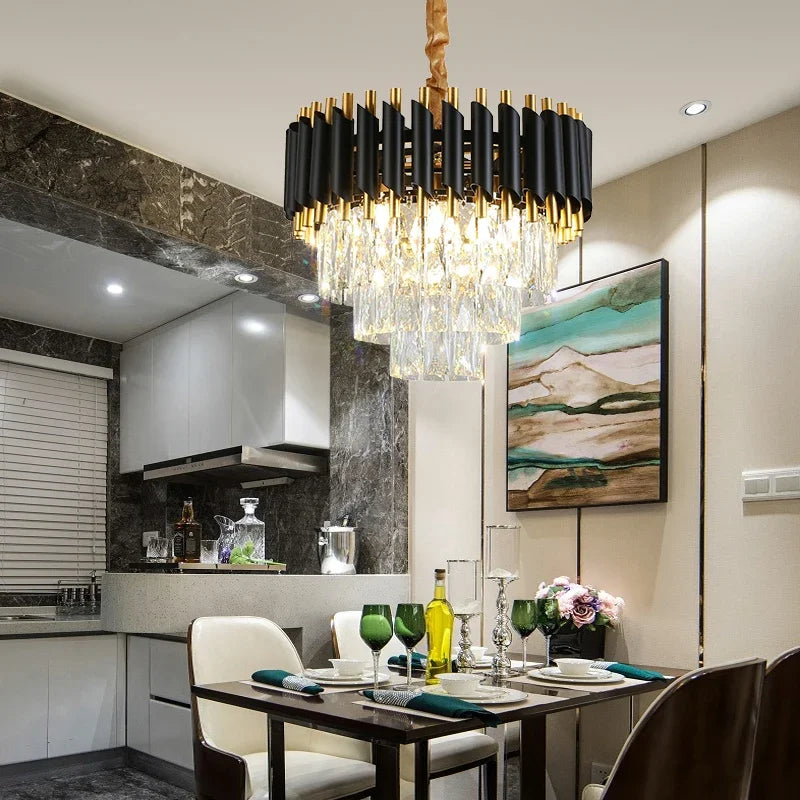 Afralia™ Modern Luxury Black Crystal Chandelier Ring Pendant Light for Living Room