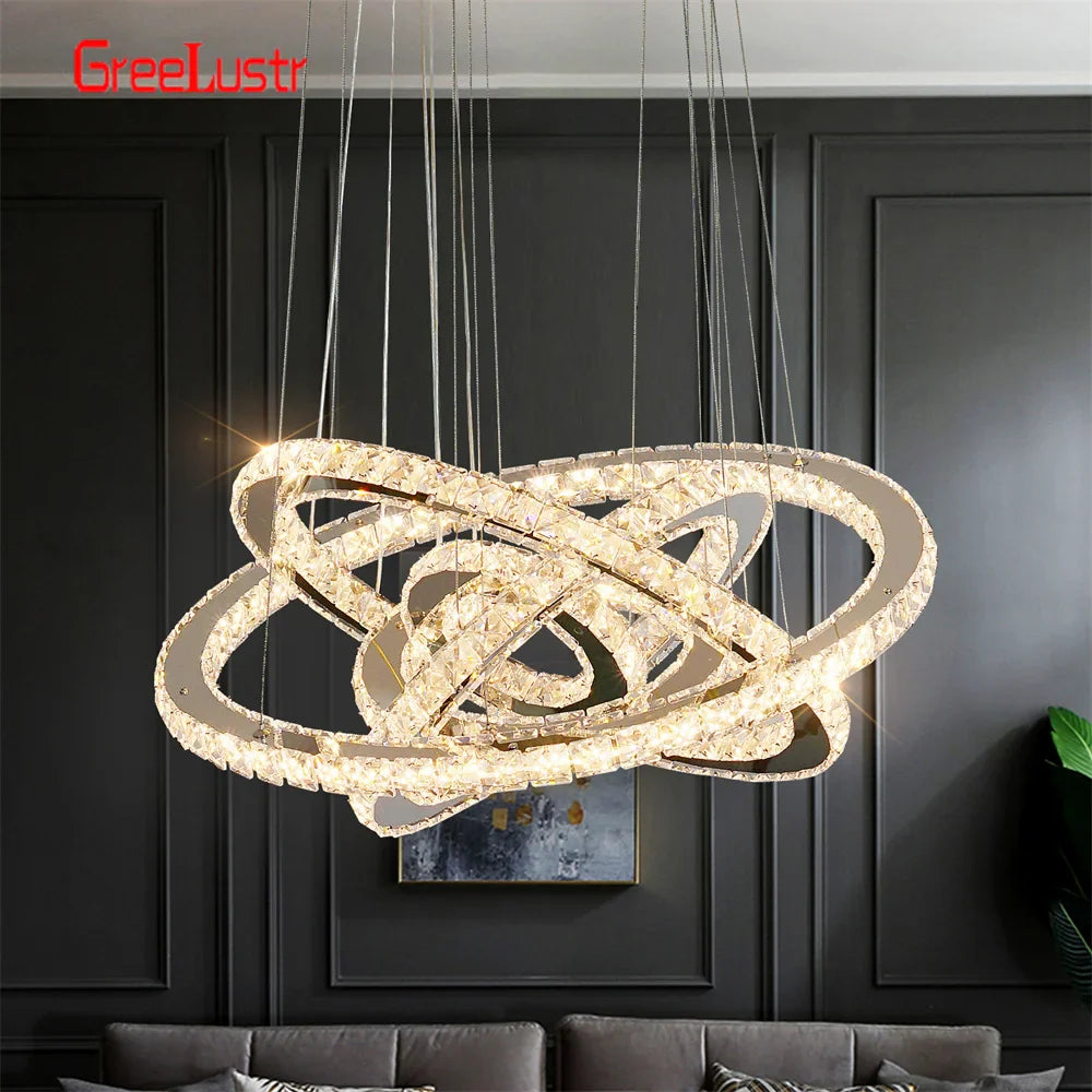 Afralia™ Crystal Chrome LED Pendant Light Rings Chandelier for Living Room Bedroom