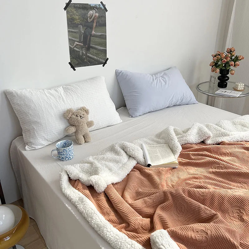Afralia™ Camellia Jacquard Lamb Wool Blanket - Double-Layer Cozy Quilt