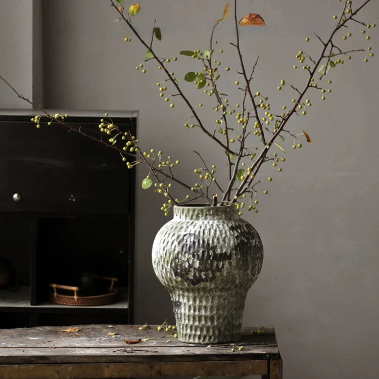 Afralia™ Coarse Pottery Vase Chinese Retro Porcelain Floral Arrangement Home Decor