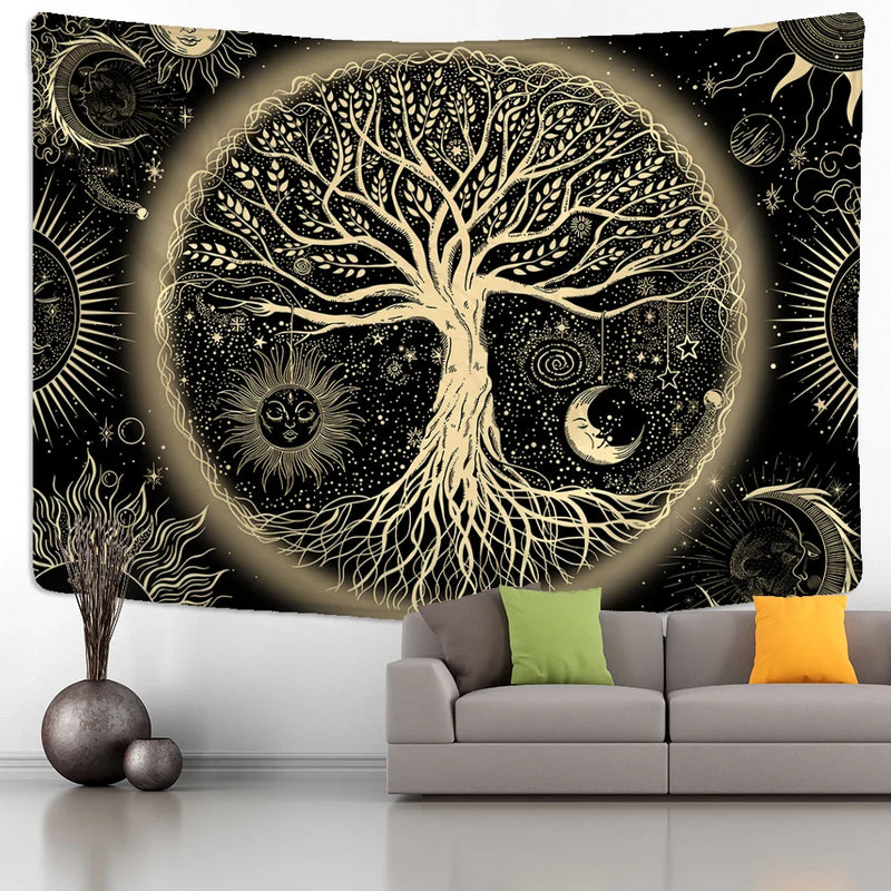 Yellow Sun Moon Life Tree Tapestry Wall Hanging Afralia™ Abstract Bohemian Aesthetics Home Decor