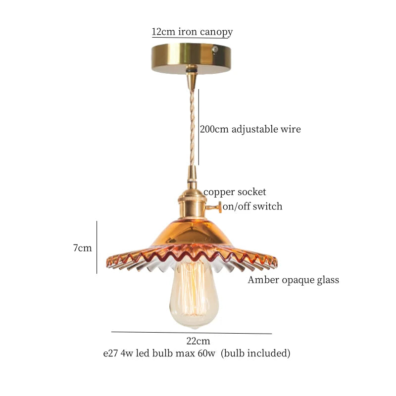 Afralia™ Brass Amber Glass LED Pendant Light for Restaurant Bedside Kitchen Loft Bar