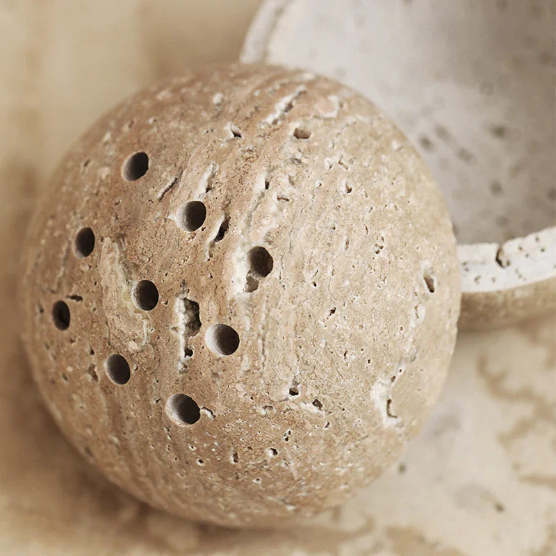 Afralia™ Beige Travertine Marble 9-Hole Sphere Incense Burner Burner Wood Plate Holder