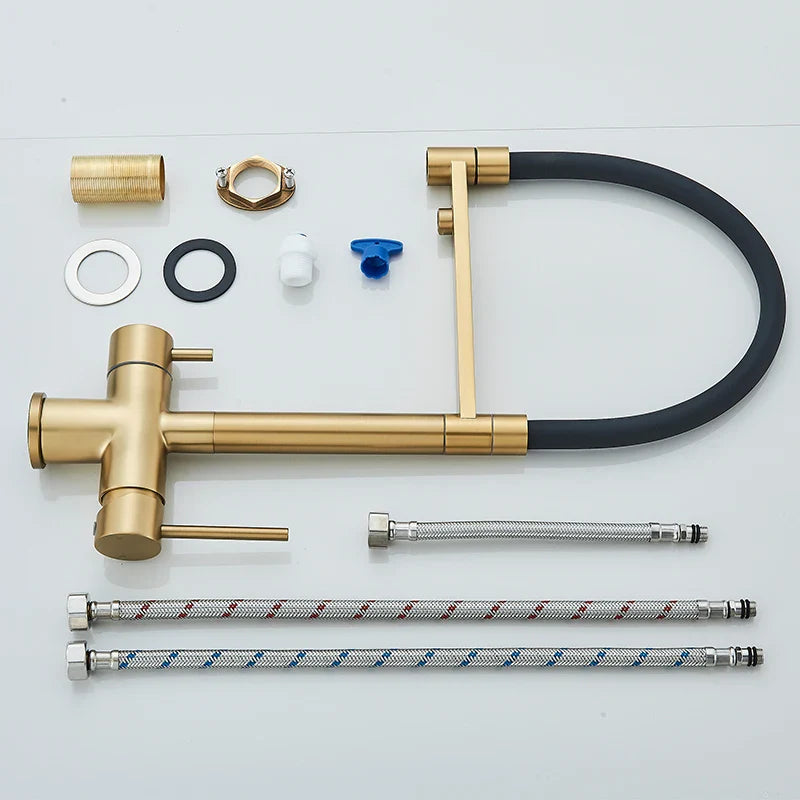 Afralia™ Brushed Gold 360 Rotate Pull Out Kitchen Filter Faucet with Dual Handle
