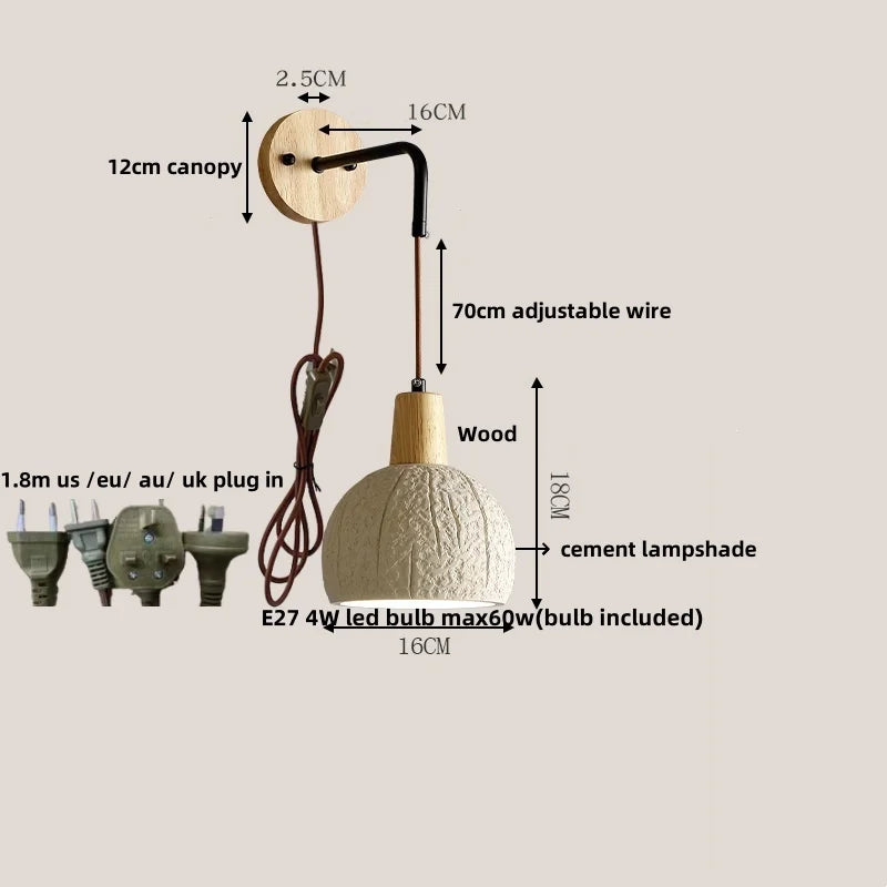 Afralia™ Adjustable Wall Lights Pull Chain Switch Wood Socket Cement Modern Bedside Lamp