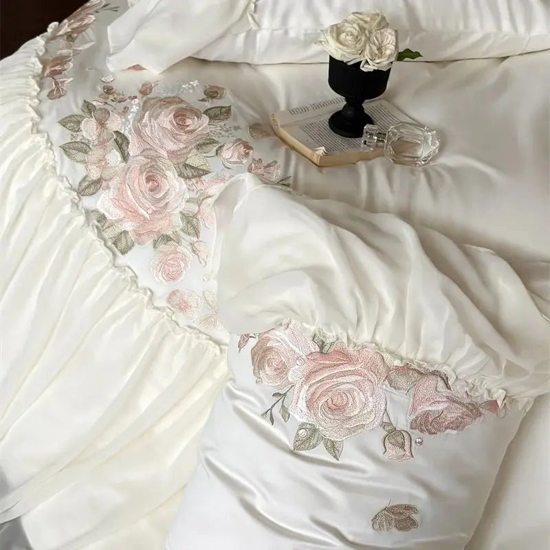 Afralia™ Luxe Lace Ruffles Wedding Bedding Set Flowers Embroidery Duvet Sheet Pillowcase