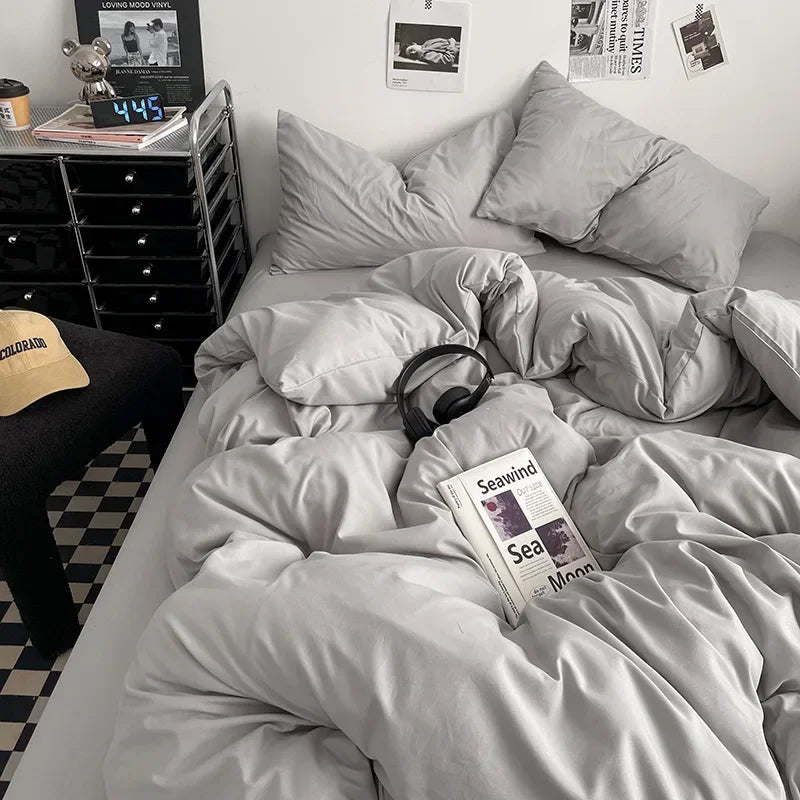 Afralia™ Washed Cotton Bed Set - Soft & Breathable 4-Piece Solid Color Duvet Cover Bed Sheet