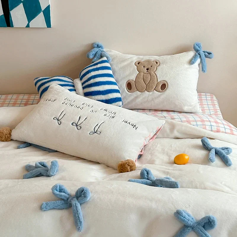 Afralia™ Bow-knot Embroidered Velvet Duvet Bedding Set cozy winter bedding with pillowcase