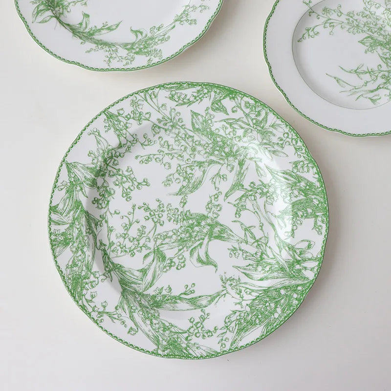 Afralia™ Lily Of The Valley Porcelain Plates, Medieval Pastoral Tableware, Green Dining Collection