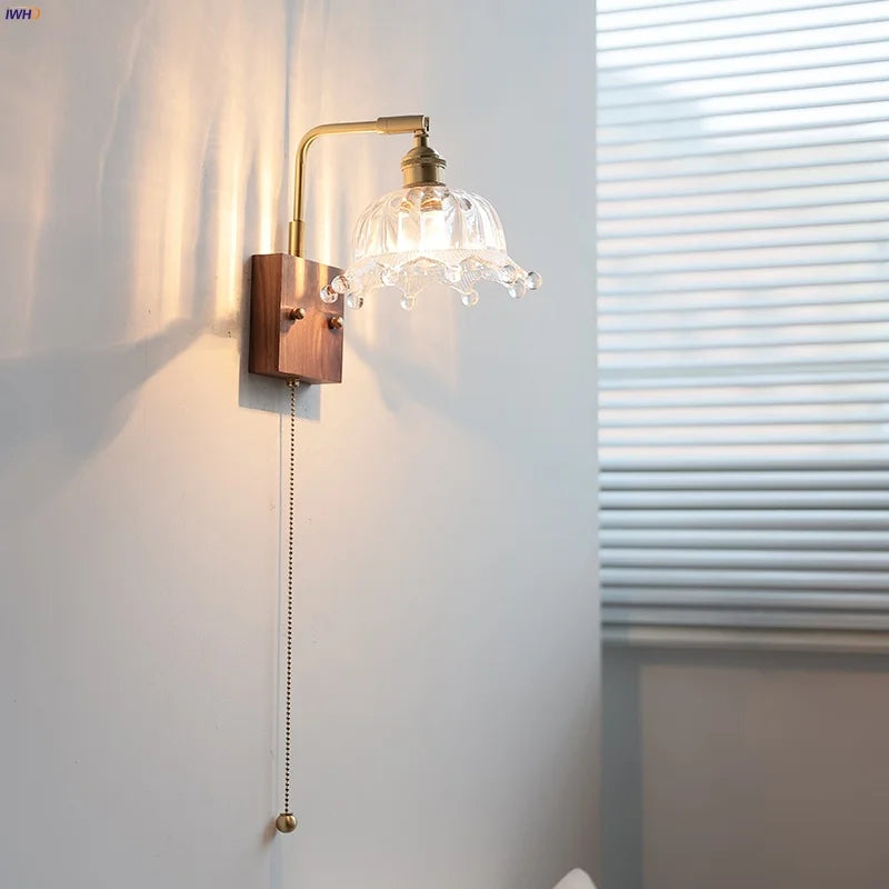 Afralia™ Nordic LED Wall Light Fixture Pull Chain Switch Glass Bedside Sconce