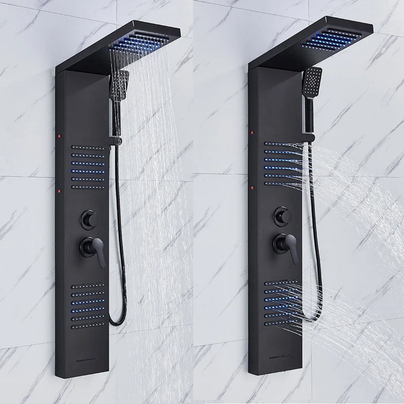 Afralia™ Matte Black LED Shower Panel with Waterfall Rain Shower and Massage Jets